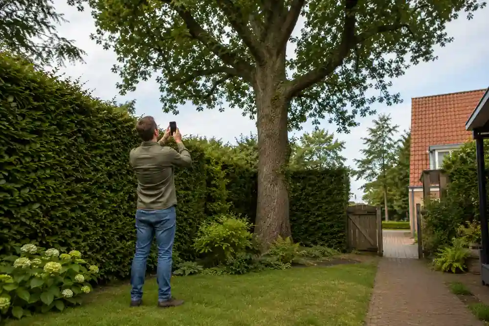 Huiseigenaar maakt overzichtsfoto’s van een boom en de tuin