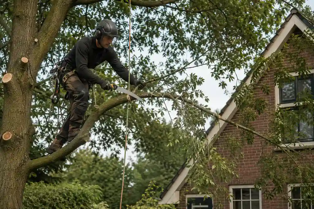 Boomverzorger snoeit een volwassen boom met klimuitrusting