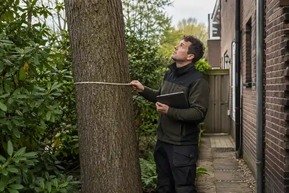 Boomverzorger beoordeelt de stam en conditie van een boom