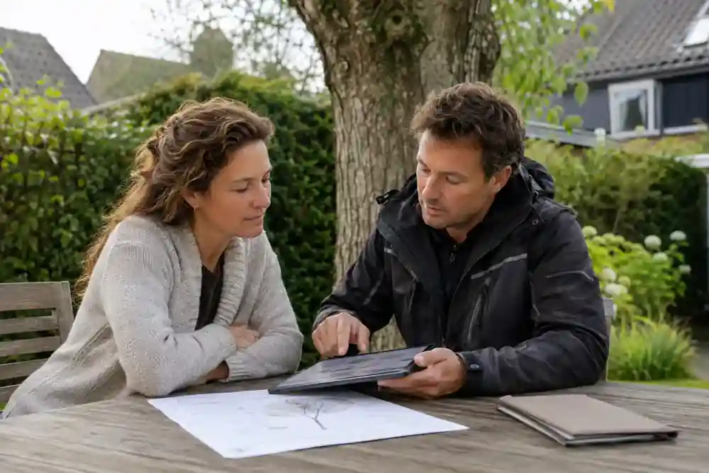 Boomadviseur en eigenaar bespreken de vergunningcheck